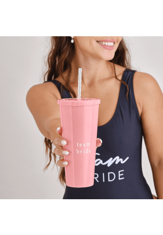 Ginger Ray HEN-142 Team Bride Reusable Cup with Straw Pink ()