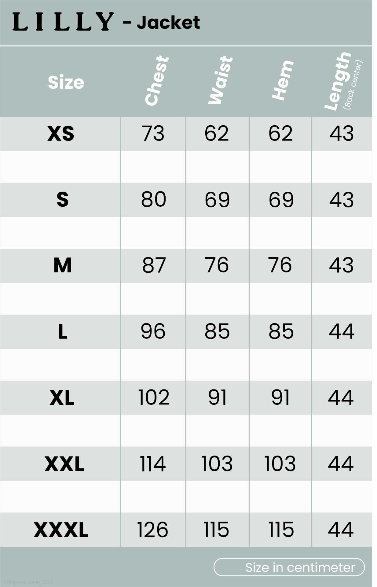 Lilly jacket size chart